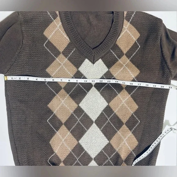 Argyle V-Neck Sweater, Brown, Women’s Size Medium, Baggy Fit, Karwuiio - Picture 12 of 12